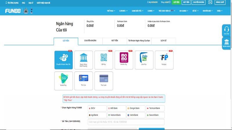 Fun88 mang đến đa dạng phương thức nạp tiền cho hội viên