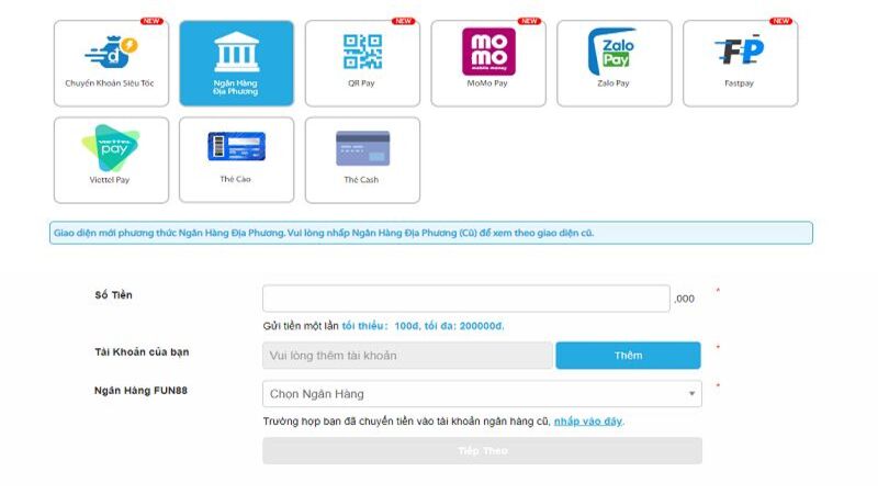 Nhập đúng các thông tin cần thiết khi nạp tiền Fun88